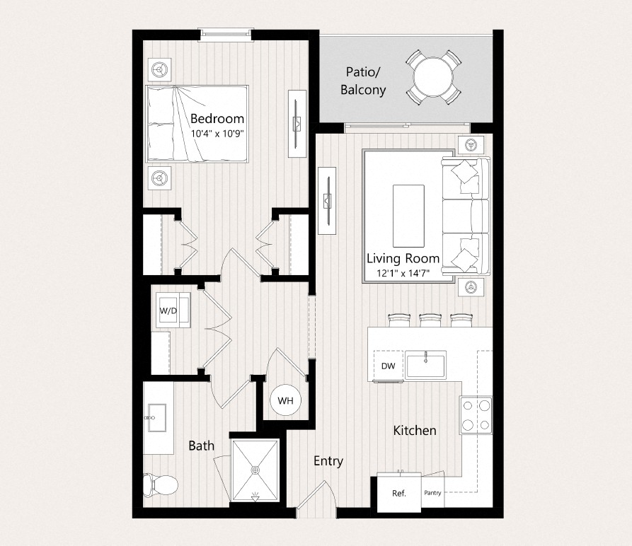 Floor plan for 1 bed, 1 bath, 666 sqft